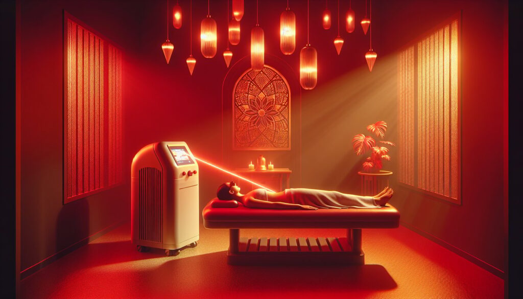The image showcases a serene therapy room bathed in warm, therapeutic red light, with a focused beam of laser targeting the lower back of a patient who is lying face down, demonstrating the application of laser therapy in pain management.